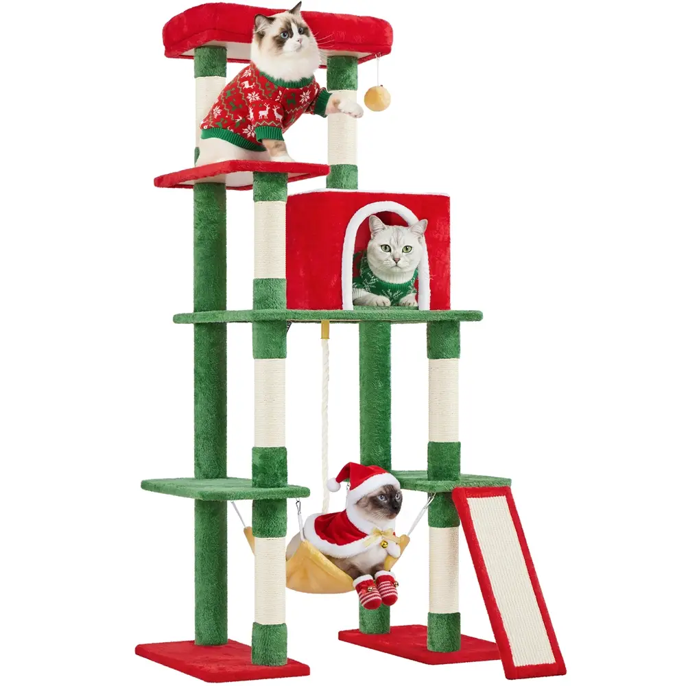 【On Sale】Yaheetech 63 Inches Large Multi-Level Christmas Cat Tree, Tall with Sisal-Covered Scratching Posts, Condo, Hammock, Dangling Ball, and Exten