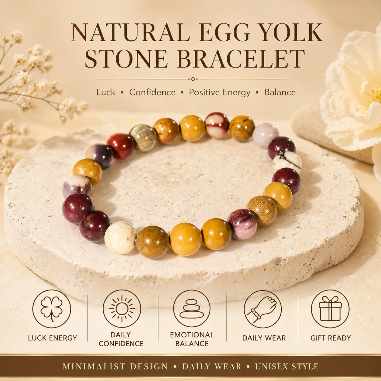 Unisex Earth Tone Beaded Bracelet with Natural Egg Yolk Stone - Healing Crystal Jewelry for Grounding, Stability, Strength, Bracelets, Grounding Power, Confidence Boost, Daily