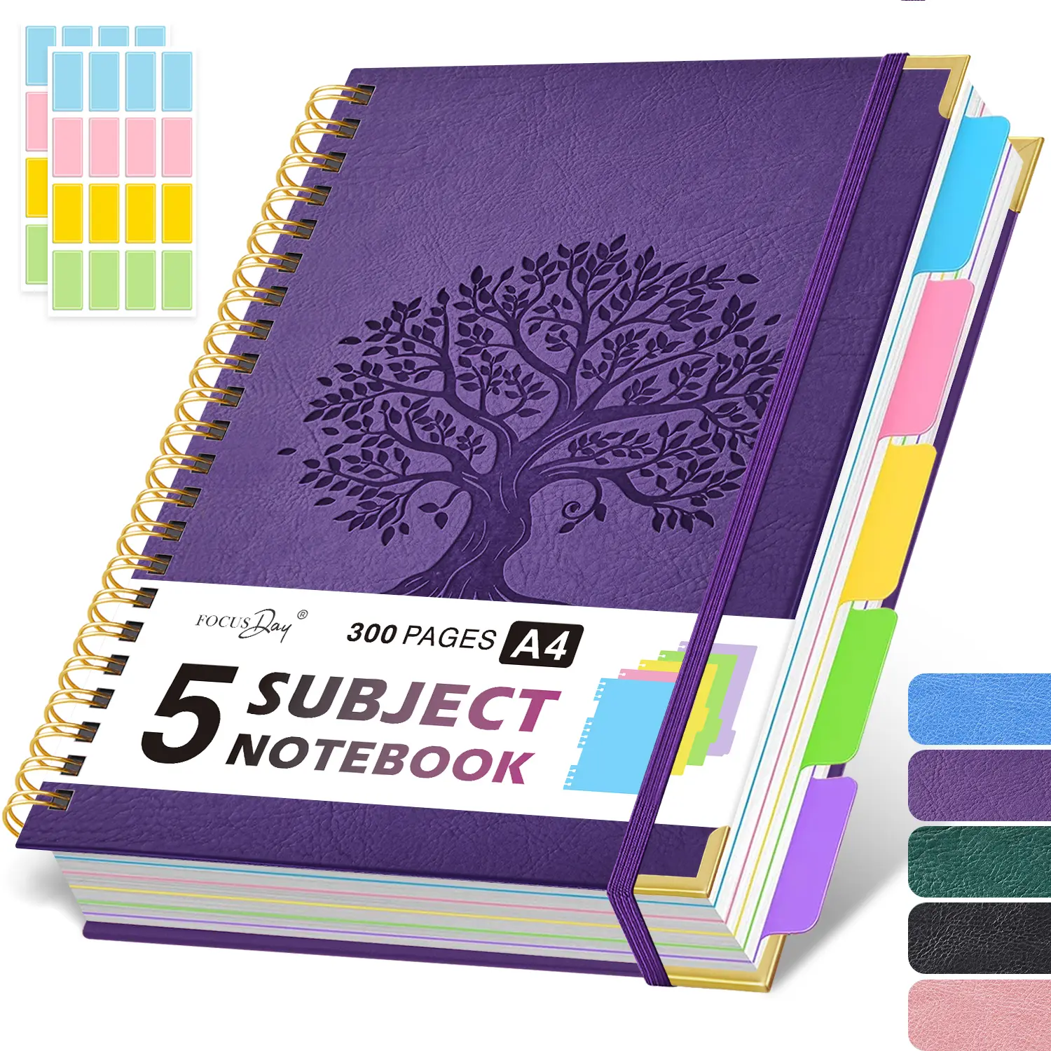 5 Subject Notebook College Ruled with Removable Dividers Tabs, 8.5"x11", A4 Hardcover Spiral Notebook with 300 Pages 100GSM Thick Paper, 2 Stickers, Inner Pocket, Golden Tree Embossed Cover Journal for Note Taking