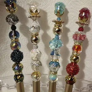 Rose Wand Pen - Colorful Beaded Design with Gold Accents and Crystal-like Elements
