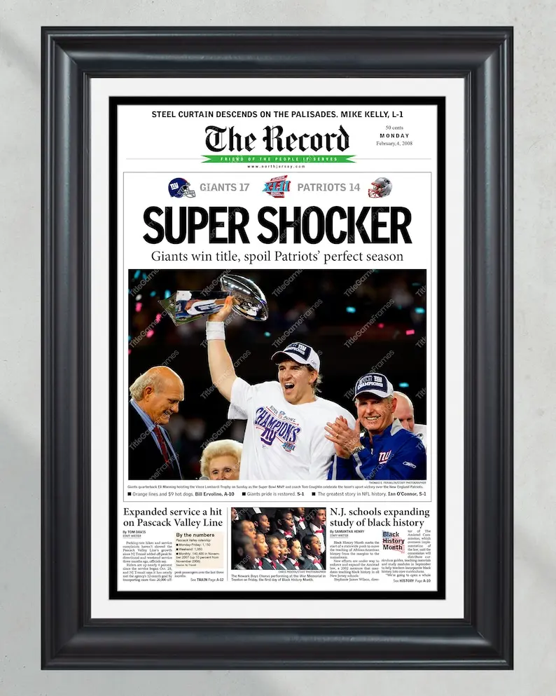 2008 NY Giants Super Bowl 'SUPER SHOCKER' No Frame Newspaper Eli Manning