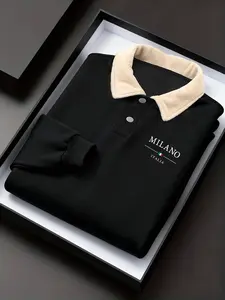 Men's Fall Winter Letter Print Polo Neck Long Sleeve Sweatshirt, Casual Outdoor Fitted Pullover, Half Button Design, Moderate Fabric, Casual Cozy Sweatshirt