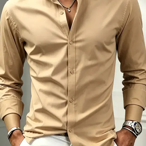 Men’s Slim-Fit Long-Sleeve Button-Down Solid Color Dress Shirt, Business Casual Work Top, Ideal Father’s Day Gift & Back to School Essential