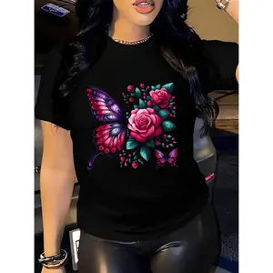 Women's Casual Butterfly & Floral Print Round Neck T-Shirt - Vibrant Pink Purple Blue Green on Black, All-Season Machine Washable Sportswear Top, Butterfly Blouses, Everyday Comfort, Fashionforward Apparel, Comfortable Fit, Detail