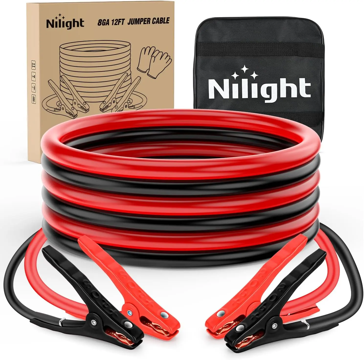 Nilight 8-Gauge 12 FT Tangle-Free Heavy-Duty Automotive Car Battery Jumper Cables, 250A Peak High-Power Emergency Jump-Start Kit with Carrying Bag for SUVs, Vehicles