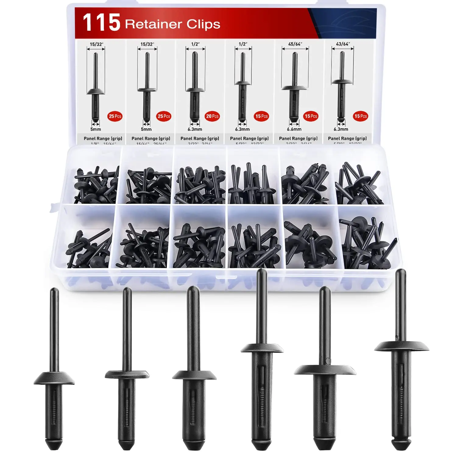 Nilight 115-Piece Assorted Sizes Black Nylon Blind Rivet Set with Grip, Push-In Trim Fasteners & Clips, Panel Range Fit for GM/Ford Auto Repair, Automotive & Industrial Hardware