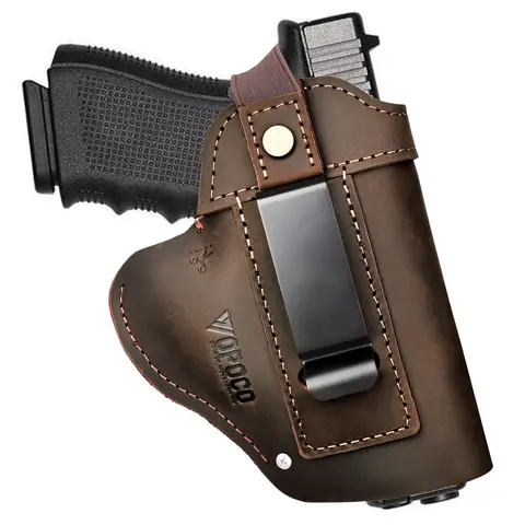 IWB/OWB Leather Holster for Glock 19/23/26/42/43X, Taurus G2/G2C/G3C, Concealed Carry Gun Holster Fits Sig P365 P320 Springfield M&P 9mm Shield Universal Leather Gun Holster for Most Size Pistols, Hiking, Camping