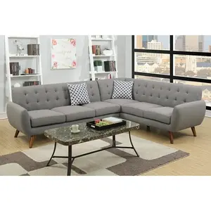 Poundex F6961 2 pc Grey Linen Like Fabric Mid Century Modern Sectional Sofa with Tufted Back for Living Room Furniture