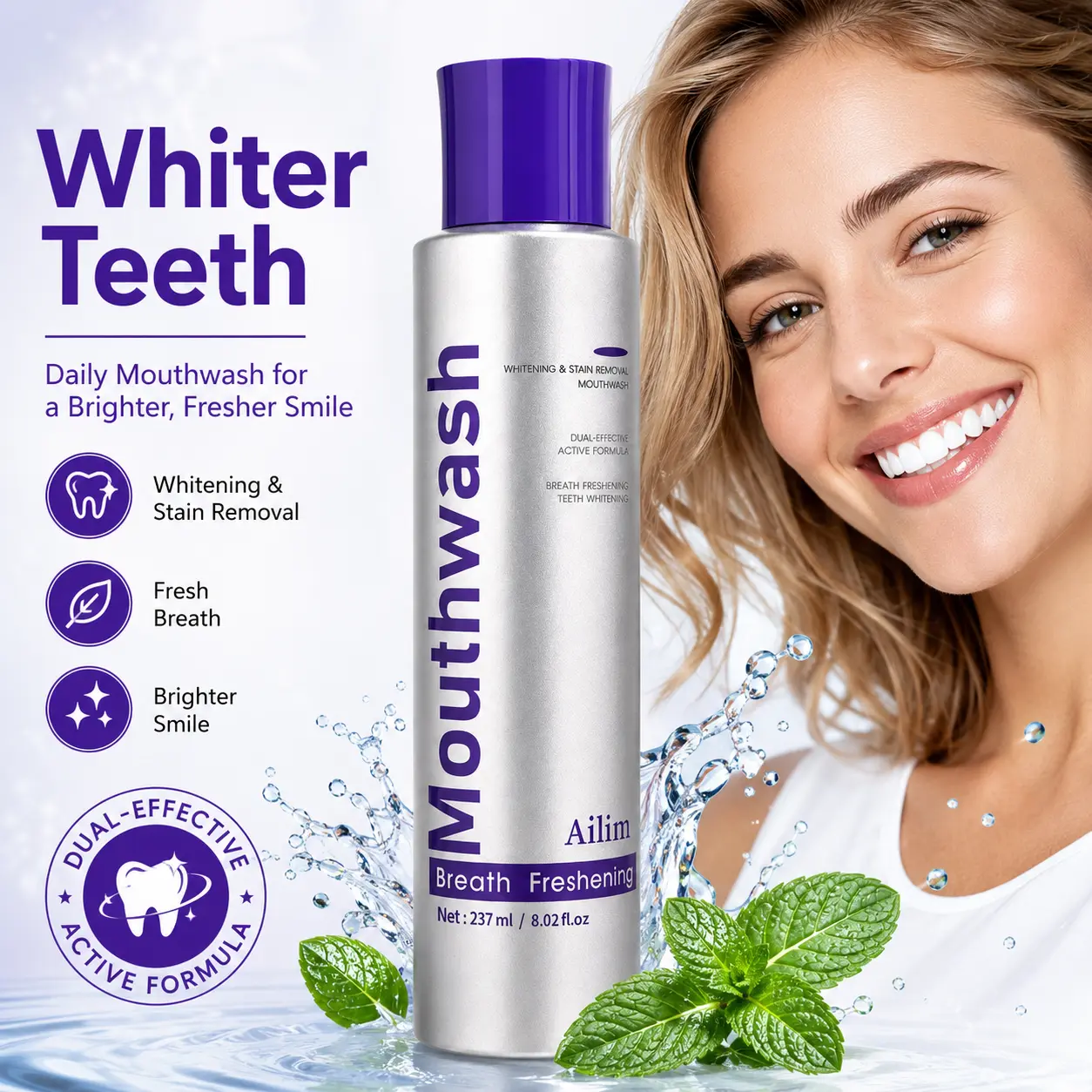 Alcohol-Free Stain Removal Mouthwash - Glycerin-Based Whitening Formula for Brighter Teeth, Cool Mint for Fresh Breath