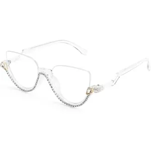 FEISEDY Women Blue Light Blocking Glasses Fashion Half Frame Cat Eye Glasses Inlaid Diamond Anti Eyestrain B2995