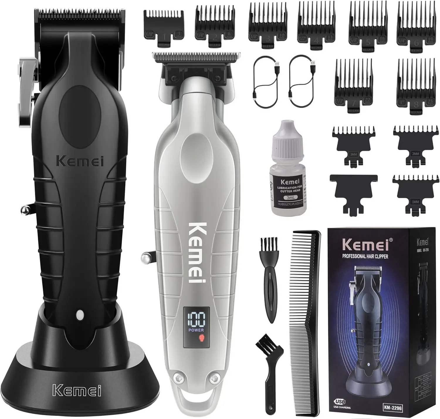 KEMEI Professional Hair Clippers Set for Men,Cordless Rechargeable Hair Clippers Kit, Clippers and Trimmer Set for Hair Cutting, Haircut Clippers,Gifts for Men Brush Km2293，Km2296