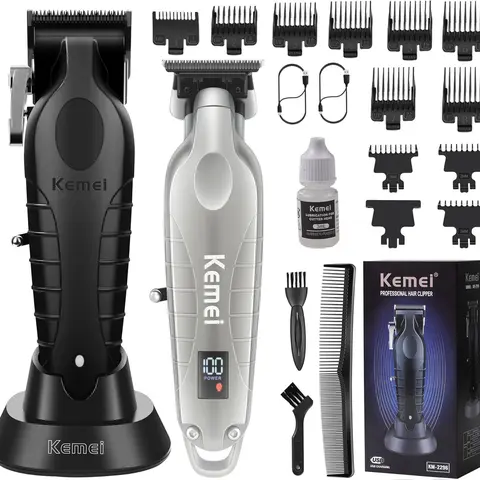 KEMEI Professional Multifunctional Cordless Rechargeable Hair Clipper & High Quality Cordless Beard Trimmer Set for Men, Barber Equipment with 2 Type-C USB Cables, Hair Trimmer Kit with Cleaning Combs Brush (KM2293, KM2296) - Men's Birthday Gift