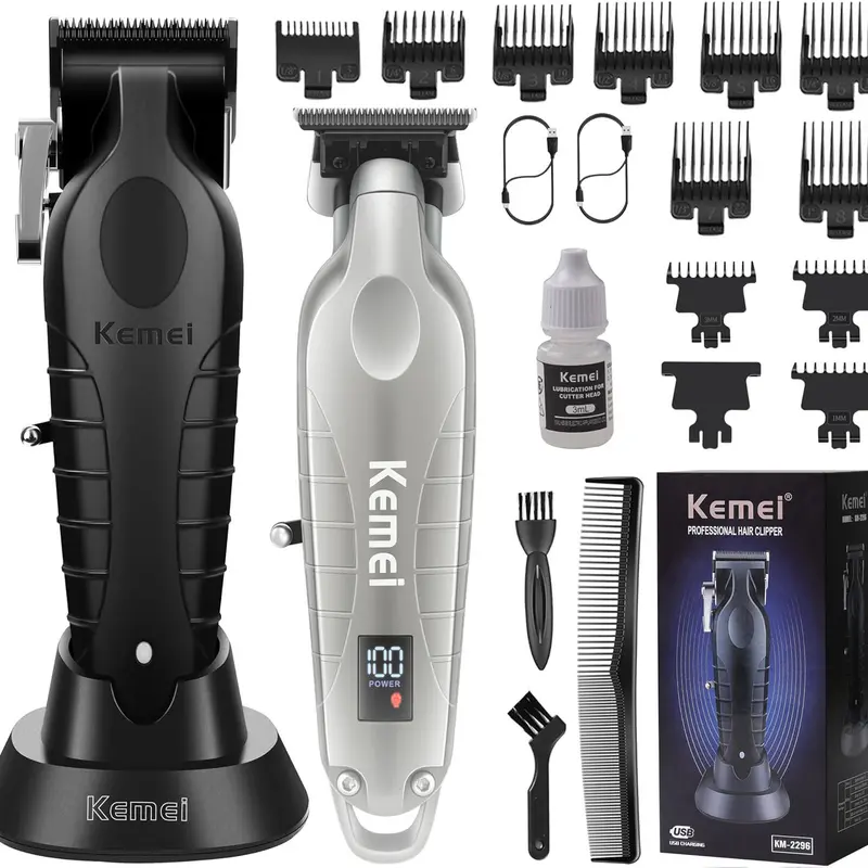KEMEI Professional Multifunctional Cordless Rechargeable Hair Clipper & High Quality Cordless Beard Trimmer Set for Men, Barber Equipment with 2 Type-C USB Cables, Hair Trimmer Kit with Cleaning Combs Brush (KM2293, KM2296) - Men's Birthday Gift