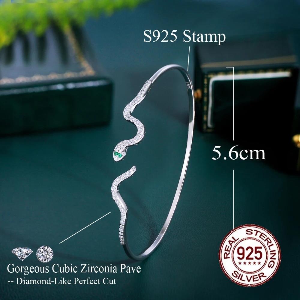 925 Sterling Silver Cubic Zirconia Snake Shape Bangle Bracelet - Elegant Design with Unique Shape and Color