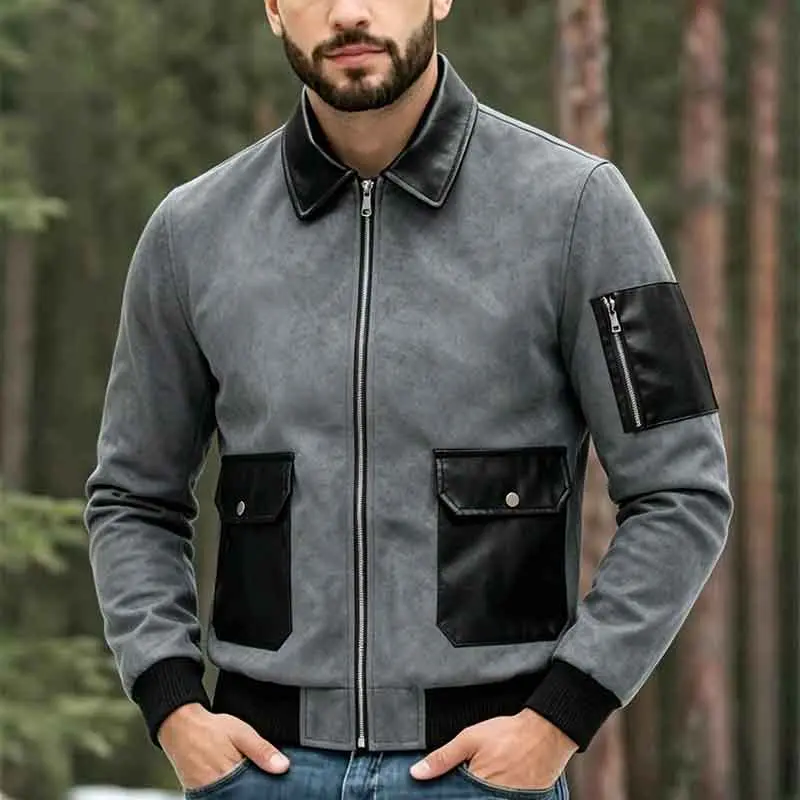 Men's Suede Patchwork Leather Jacket - Menswear Coats with Turn-Down Collar, Workwear Style, Multi-Pocket Design, Vintage Casual Zip-Up Outerwear, Classic backtoschool