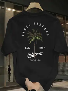 Men's T-Shirt, Classic Fashionable Tropical Coconut Tree Print, Short Sleeve Round Neck Top, Perfect for Casual Wear, Stylish and Comfortable