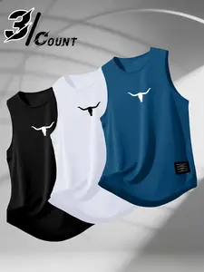 Men's 3-piece sports vest set, Workout Vest, Athletic Training Apparel, with cow head pattern silk screen print, slimming and highlighting muscles, Multi color set for gym exercise, summer street wear, suitable for strength style enthusiasts with durable