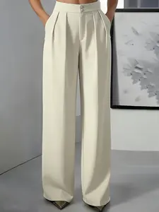 High Waist Pleated Wide Leg Pants for Women, Spring Summer, Loose Fit Suit Pants, Solid Color Slimming Long Pants, Office Wear