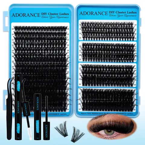 ADORANCE D Curl Cosmetic Individual Dramatic Lashes Clusters - 592PCS Plant Fibres Lashes, 40d+60d+80d+100d+120d Thickness, 10-24mm Mixed Lengths, Bond-Seal, Remover, Tweezers for Daily Wear Doll Eye Makeup (Accessories Kit False Eyelashes & Adhesives)