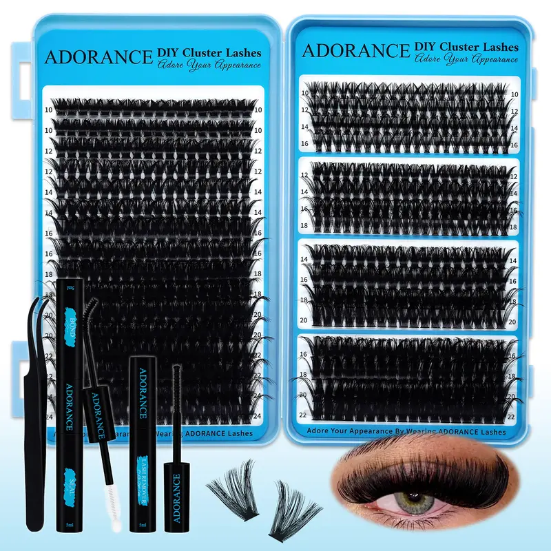 ADORANCE D Curl Cosmetic Individual Dramatic Lashes Clusters - 592PCS Plant Fibres Lashes, 40d+60d+80d+100d+120d Thickness, 10-24mm Mixed Lengths, Bond-Seal, Remover, Tweezers for Daily Wear Doll Eye Makeup (Accessories Kit False Eyelashes & Adhesives)
