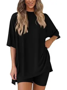 Women's Casual Round Neck Split Loose Shorts Sleeve Home Wear Pajamas Set, Comfortable Loungewear for Daily Use, Nightwear