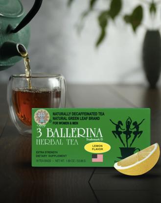 3 Ballerina Herbal Tea - Lemon Flavor 18 Tea Bags - Naturally Decaffeinated Green Tea Blend for Women & Men