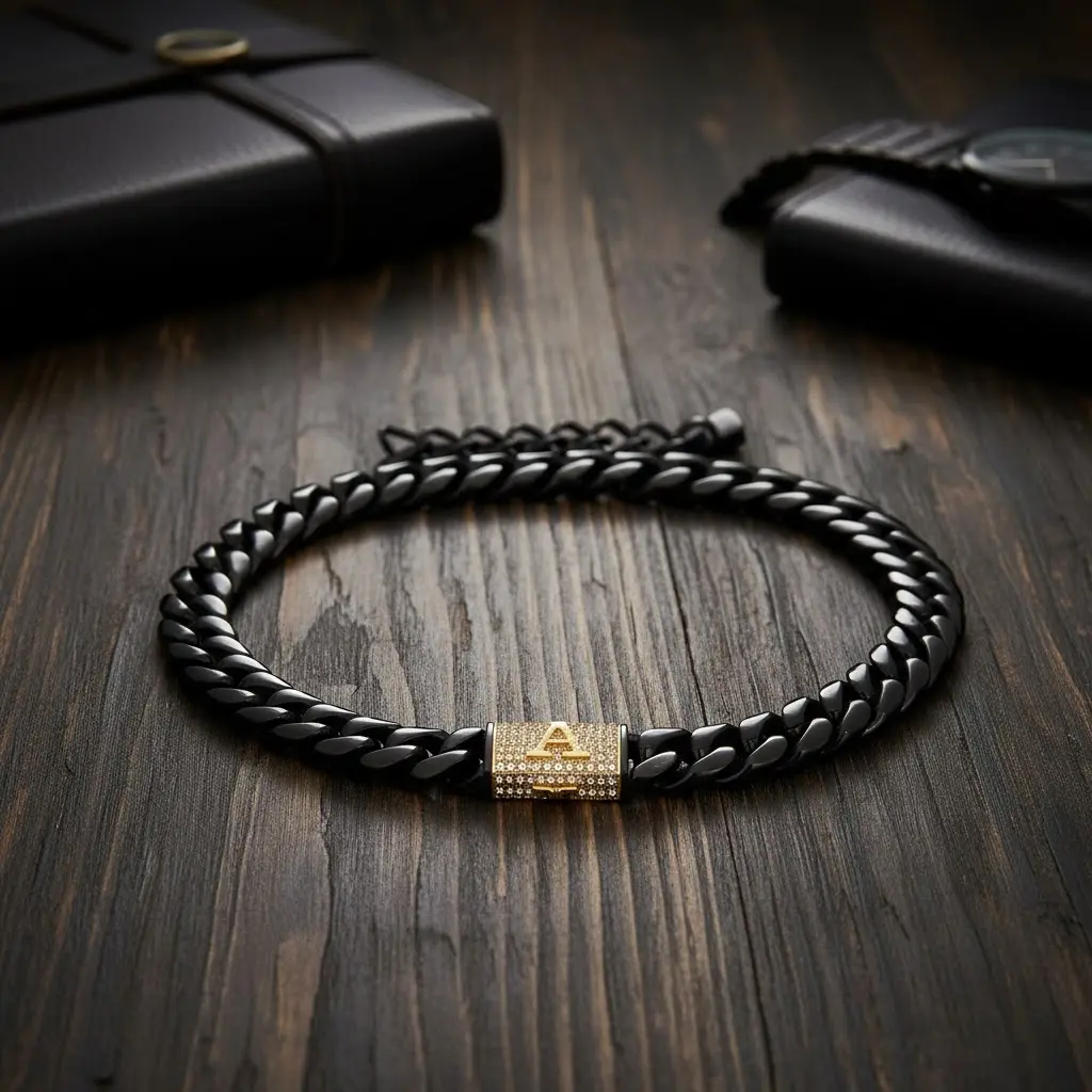 Personalized Bold Black Cuban Link Necklace - Gold-Plated/Silver Initial Clasp, Iced-Out Gold-Plated Stainless Steel Streetwear Chain for Men, Fashion Costume Jewelry Accessory, Necklaces