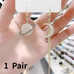 1 Pair Elegant Asymmetrical Planet & Moon Earrings Nickel-Free Alloy Synthetic Zirconia with Long Tassel Design - French-Inspired, Sparkling, Perfect for Daily Wear or Gifting, Daily Wear Earrings |   Asymmetrical Earrings