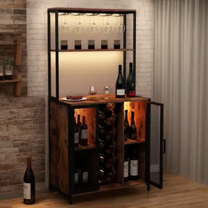 Wine Bar Cabinet with LED Lights, 5-Tier Industrial Coffee Bar, Buffet Sideboard with Adjustable Shelves, Kitchen Bar Table with Wine Rack Storage and Glass Slots for Liquor and Glasses,Rustic