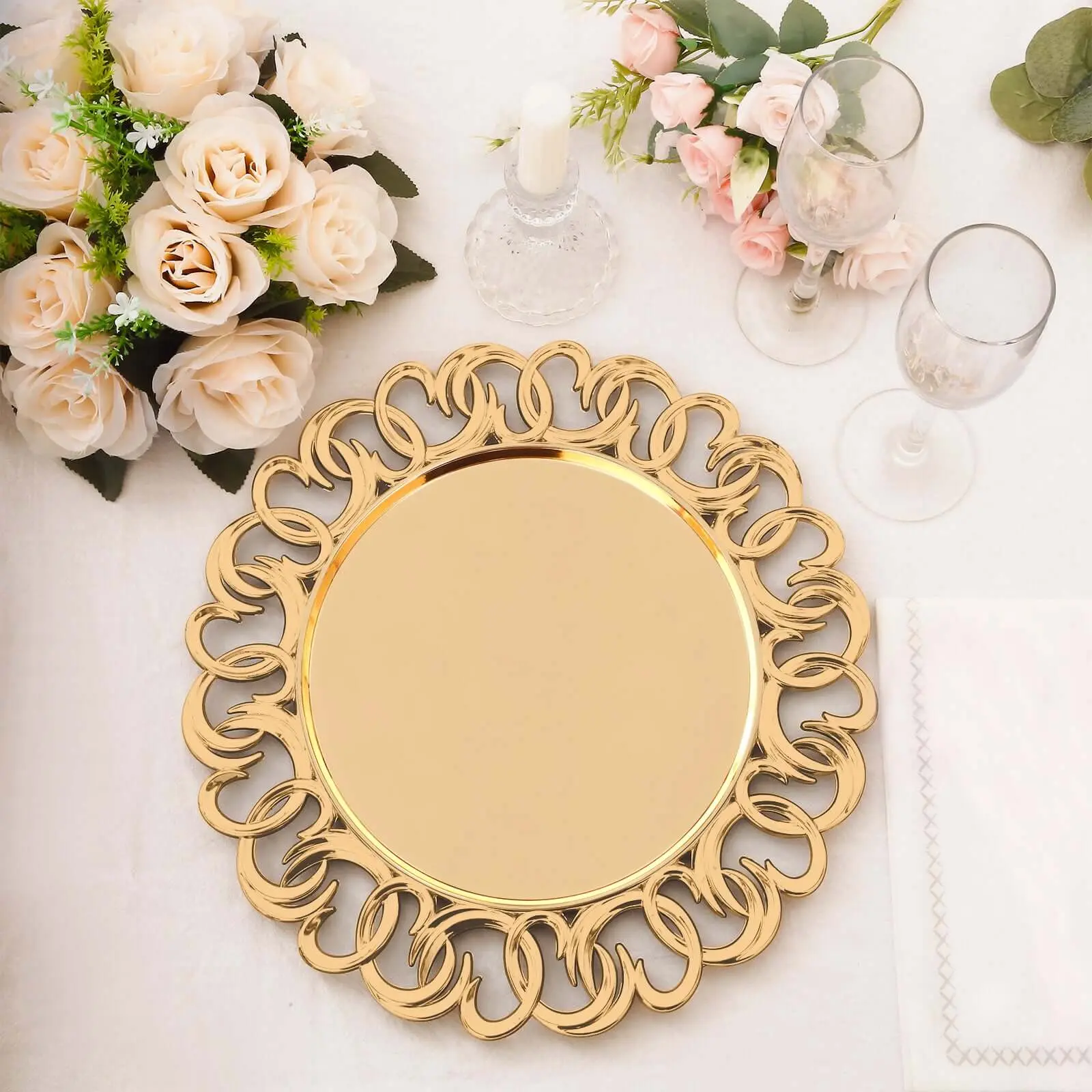 6-Pack 13" Round Elegant Disposable Plastic Dinner Plates - Gold Entwined Swirl Rim Chargers, Party Supplies for Weddings, Decorative Tableware