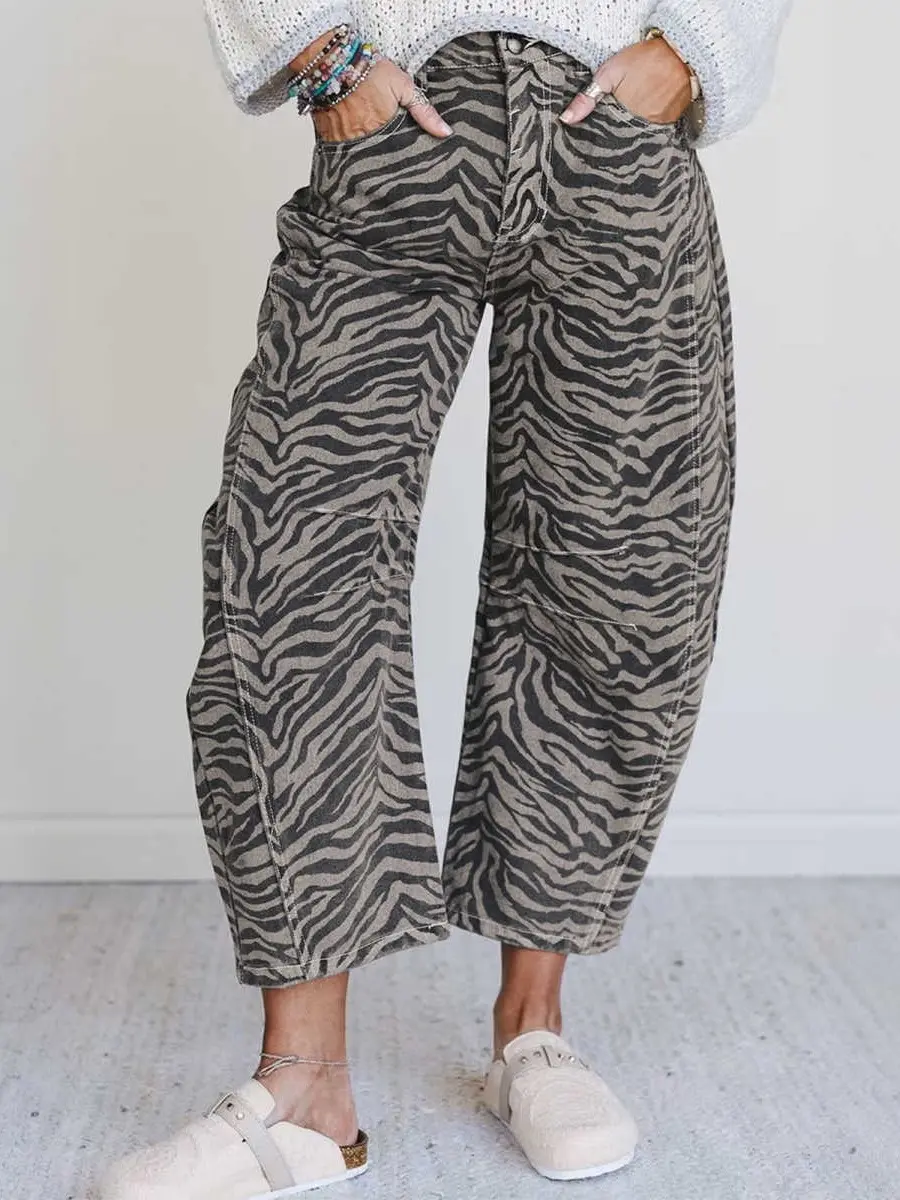 Gray Zebra Stripe Printed Wide Leg Barrel Jeans