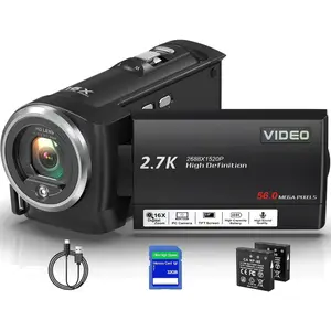 Camcorder Video Camera QHD 2.7K 56MP 16X Digital Zoom Vlogging Camera with LED Fill Light for YouTube, 2.8 Inch 270  Rotation LCD Screen Camcorder with 32GB SD Card and Two