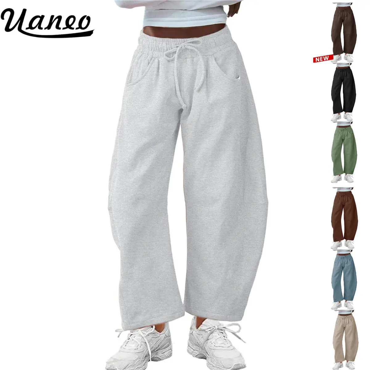 UANEO Women's Barrel Leg Pants Elasticated Waistband Soft Wide Leg Pants with Pockets Casual Sweatpants