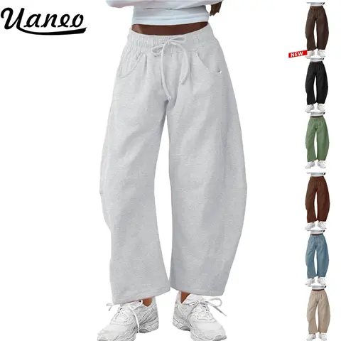 UANEO Women's Barrel Leg Pants Elasticated Waistband Soft Wide Leg Pants with Pockets Casual Sweatpants