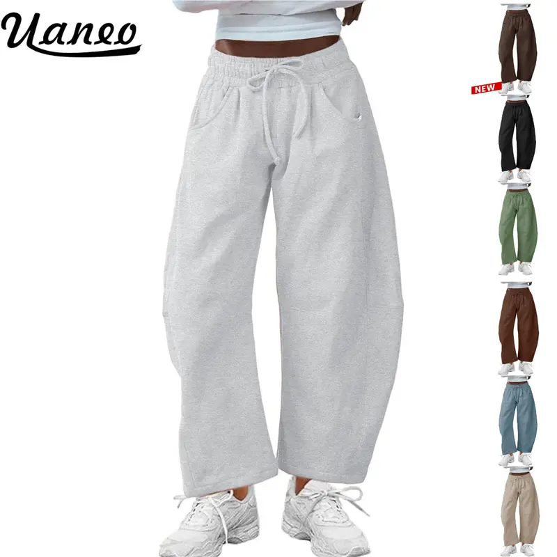 UANEO Women's Barrel Leg Pants Elasticated Waistband Soft Wide Leg Pants with Pockets Casual Sweatpants