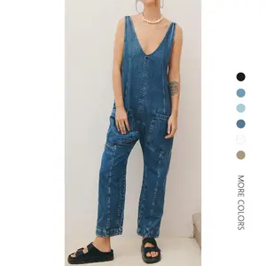 Danedvi Women's Cotton Washed Stretchy Denim Fabric Overalls - Sleeveless V-Neck Jumpsuits, Adjustable Straps, Relaxed-Fit Long Pants for Daily Wear, Denim Style Overalls for Women