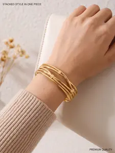 18k Gold Multi-Layer Cross Open Cuff Bracelet with Vintage Twisted Rope Texture, Adjustable Non-Fading Hypoallergenic Steel Jewelry for Women, Casual Daily and Party Wear