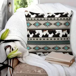 Western Navajo Style Throw Pillow with Insert, 45cm Square Zipper Closure, Geometric and Cowhide Pattern Patchwork Design, Soft and Comfortable Bed & Sofa Cushion,  Bohemian Home Decor