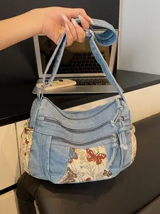 Butterfly pattern women's denim bag, crossbody bag, armpit bag, shoulder bag, women's lightweight bag, exquisite and trendy personalized women's bag, suitable for going out, shopping, dating, parties and other occasions, Denim Shoulder Purse