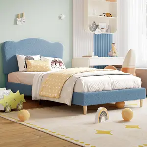 【Christmas Gift】Blue Twin Size Upholstered Bed Frame with Adjustable Headboard Boucle Upholstered Platform Bed for Kids Strong Wood Slats No Box Spring Needed Noise