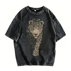 Leopard Print Women's Vintage Washed Cotton T-Shirt - 230g Heavy Cotton, Crew Neck Short Sleeve, Retro Street Style, Machine Washable, Loose Fit Casual Tee for Spring & Summer