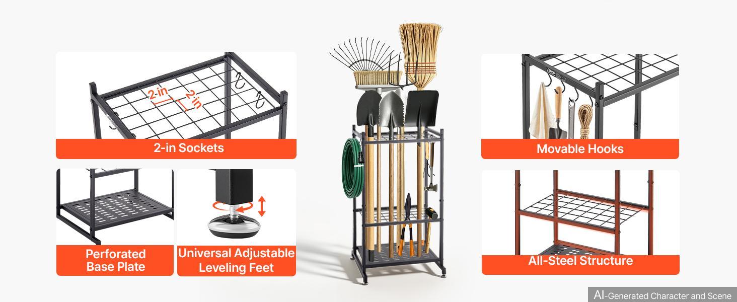 【BackToSchool】VEVOR Garden Tool Organizer, 35 Slots with Hooks, Metal Garage Storage Rack, for Rakes/Shovels/Brooms, Yard Utility Tool Holder for Shed/Outdoor/Lawn Organization, Heavy-Duty Steel, Freestanding,Black