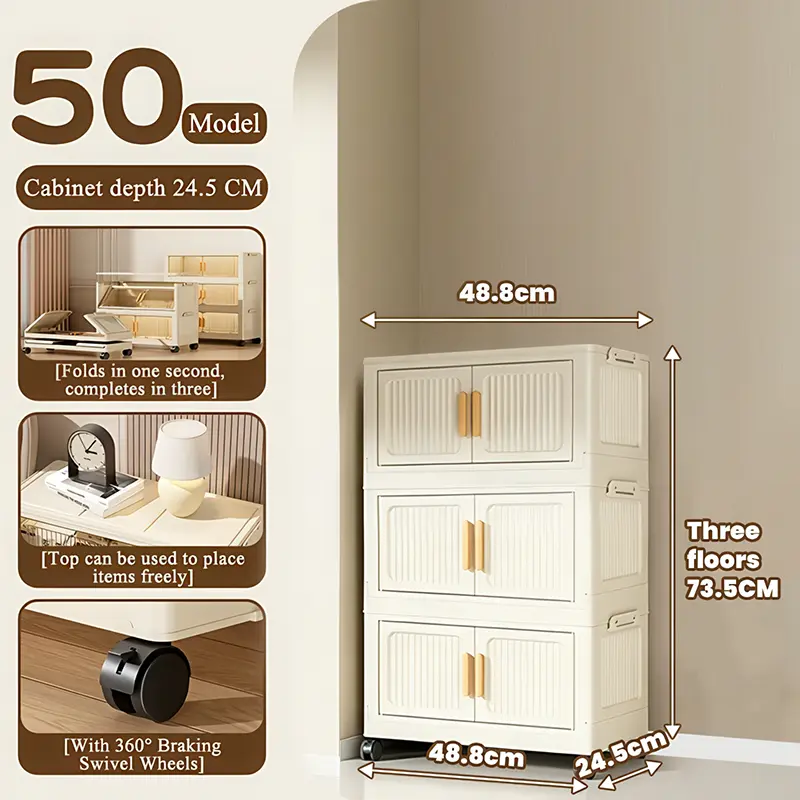 3/4/5 Layer Extra-Thick, Large-Capacity Multi-Layer Plastic Folding Storage Cabinet | Light, Classic Style, Floor Mount, Smooth Wheels, Ideal For Home, Office, Kitchen, Bathroom - Space-Saving And Easy To Assemble