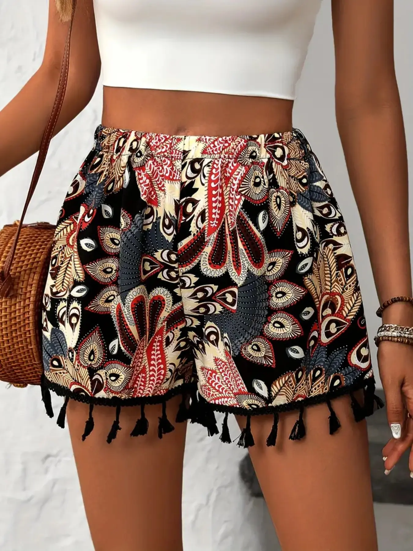 Women's Boho Geometric Print Fringe Hem High-Waisted Fashion Casual Shorts, Summer Elegant Casual Non-Elastic, Comfortable for Vacation and Commute