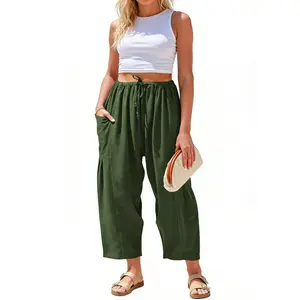 Women's Linen Wide Leg Pants Casual Loose Beach Palazzo Harem Pants with Pockets Boho Style Summer Modest Clothing Linen Trouser Trendy Outfit Plus Size