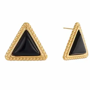 Triangle Black Stone Stud Earrings - Waterproof - Anti-tarnish