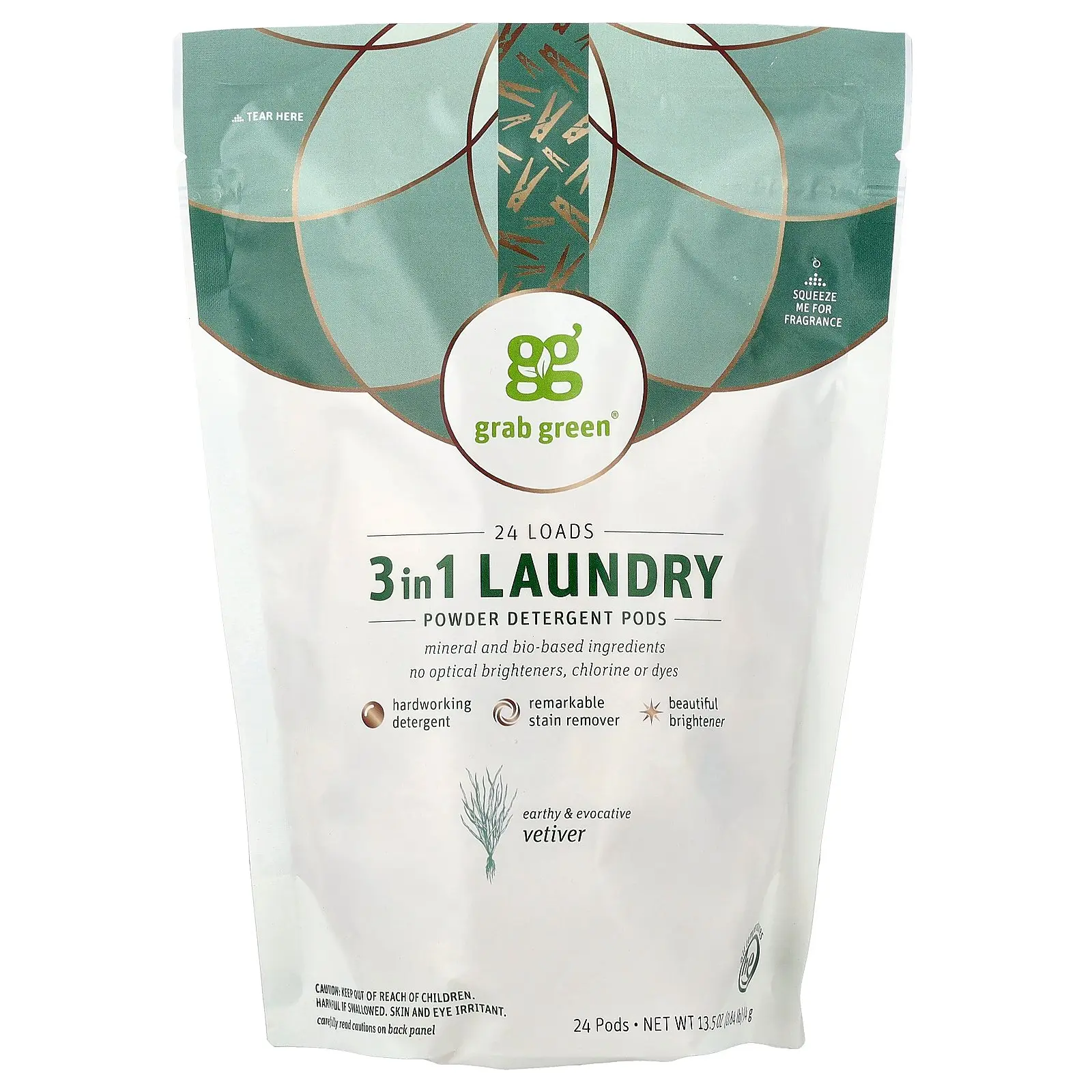 Grab Green 3 in 1 Laundry Powder Detergent Pods, Vetiver, 24 Pods, 13.5 oz (384 g)
