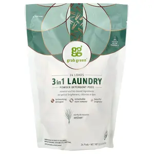 Grab Green 3 in 1 Laundry Powder Detergent Pods, Vetiver, 24 Pods, 13.5 oz (384 g)