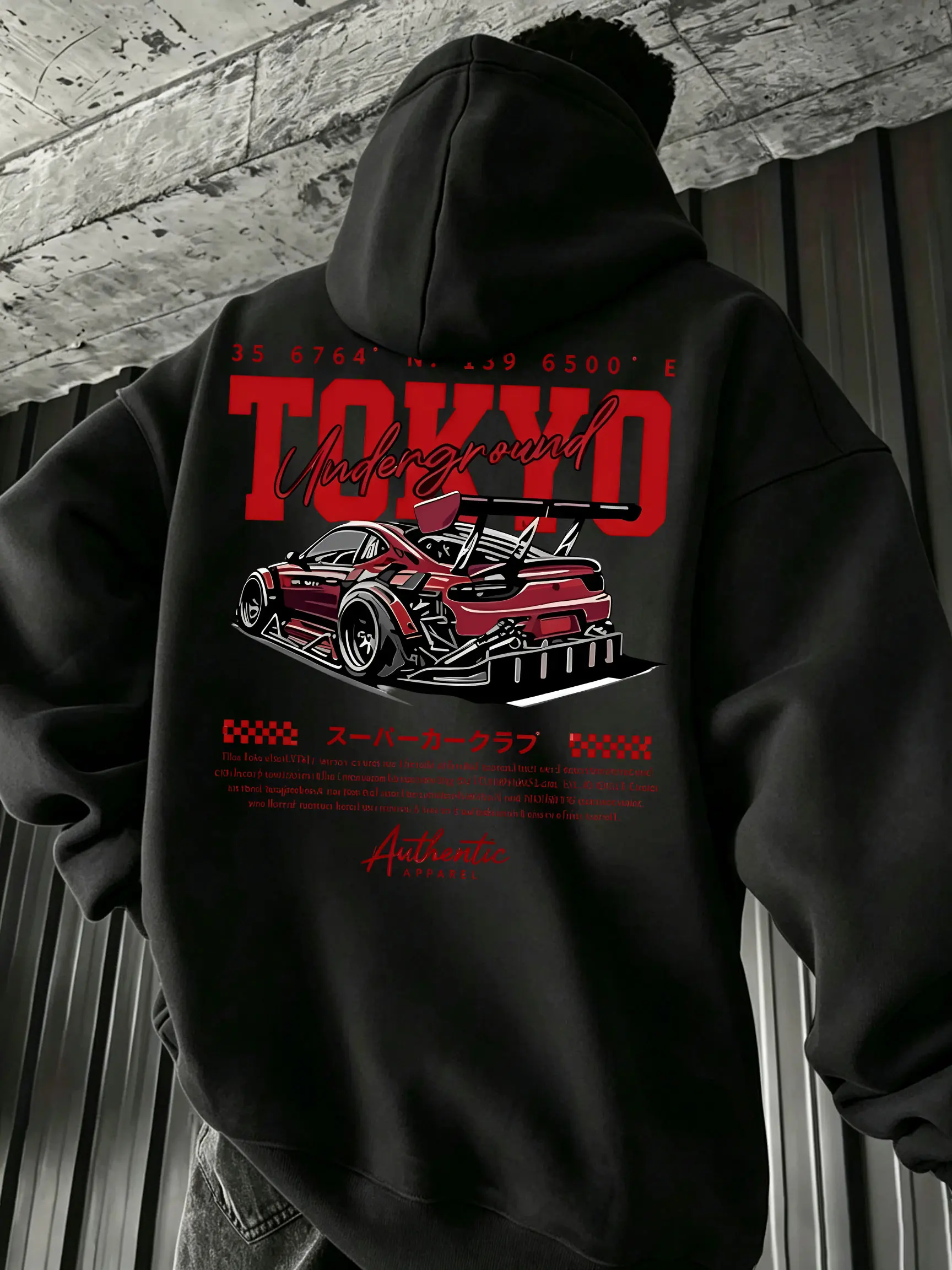 TOKYO Underground hoodie sweatshirt with double prints on front and back, "TOKYO" lettering on the front and a wide-body modified sports car illustration on the back, JDM automotive culture unisex oversized hoodie