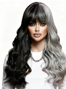 Black and gray wig, Synthetic hair wigs, Synthetic high-temperature resistant fibers striped, long wavy hair with a center parting style Adjustable net cap Suitable for daily wear, parties and gatherings, as well as a gift for ladies - 22 inches